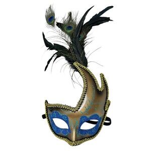 Masquerade Mask Peacock Feathers Gold Blue Glitter Venetian Mardi Gras Party